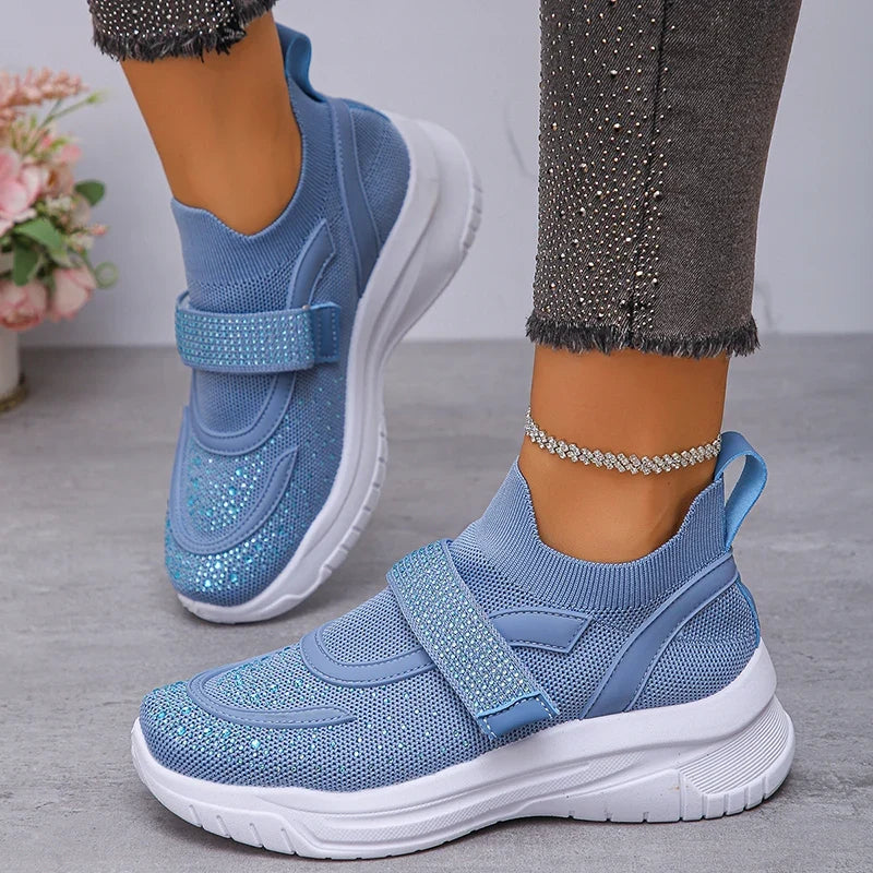 Shiny Crystal White Platform Sneakers Women Comfort Knitted Breathable Walking Shoes Woman Casual Non-Slip Sport Shoes Ladies