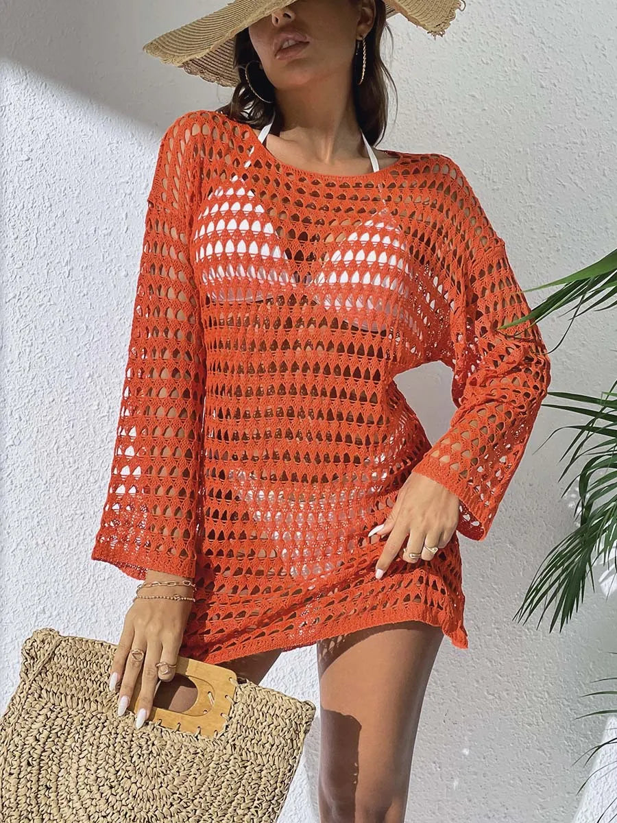 Womens Beach Cover Up Knit Solid Color Long Sleeve Dress Sexy Slim-Fit Beachwear Cover Up Beach Holiday Sun Protection Clothing