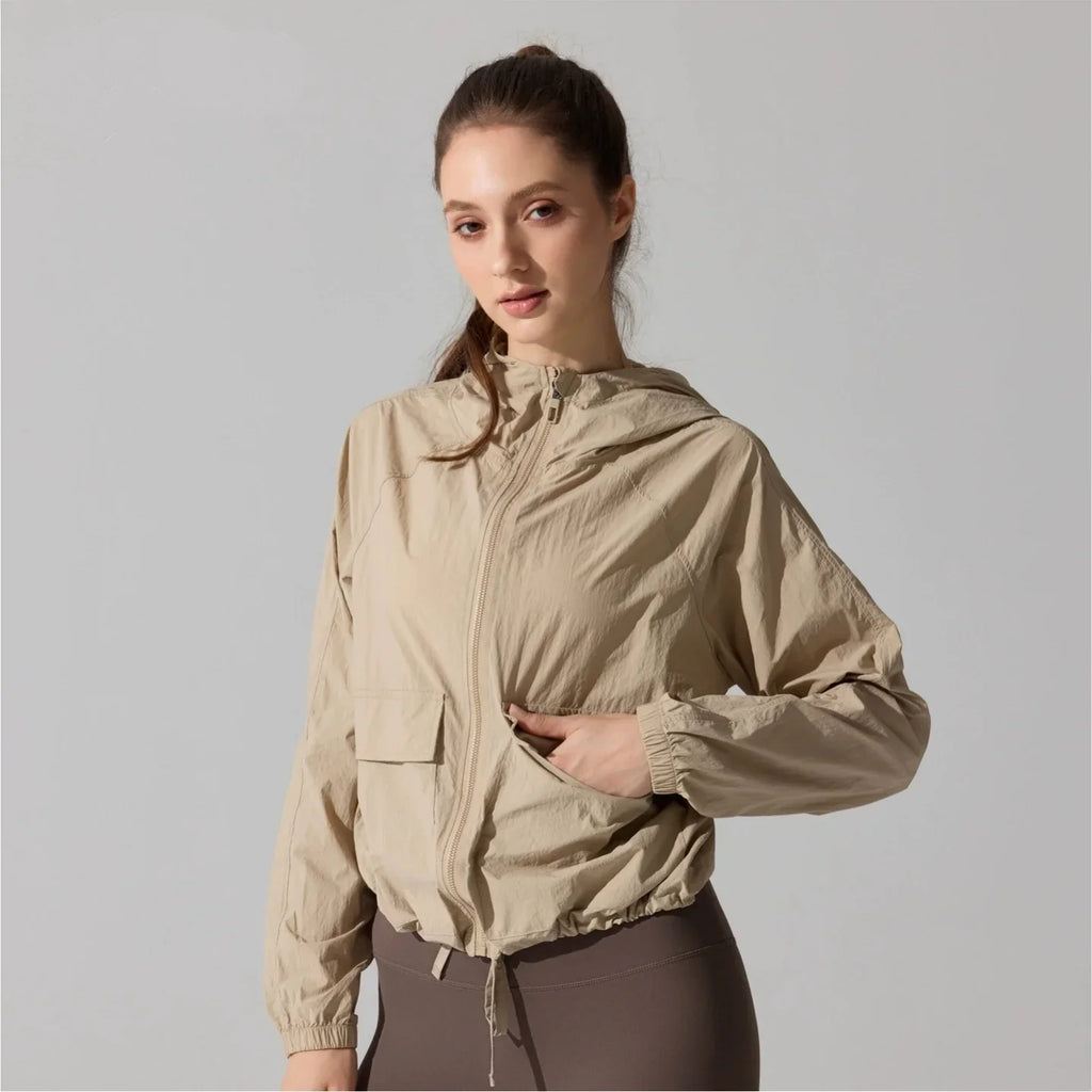 Outdoor Windproof Mountaineering Jacket Women Fashion Lightweight Sun Protection Sports Hooded Top Casual Loose Hiking Yoga Suit