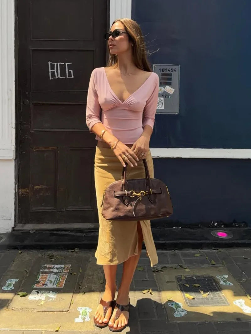 Trendix V Neck Slim Long Sleeve Tops Women 2026 Spring Casual Vintage Bodycon Pullover Top Party Retro Office Basic Backless Top