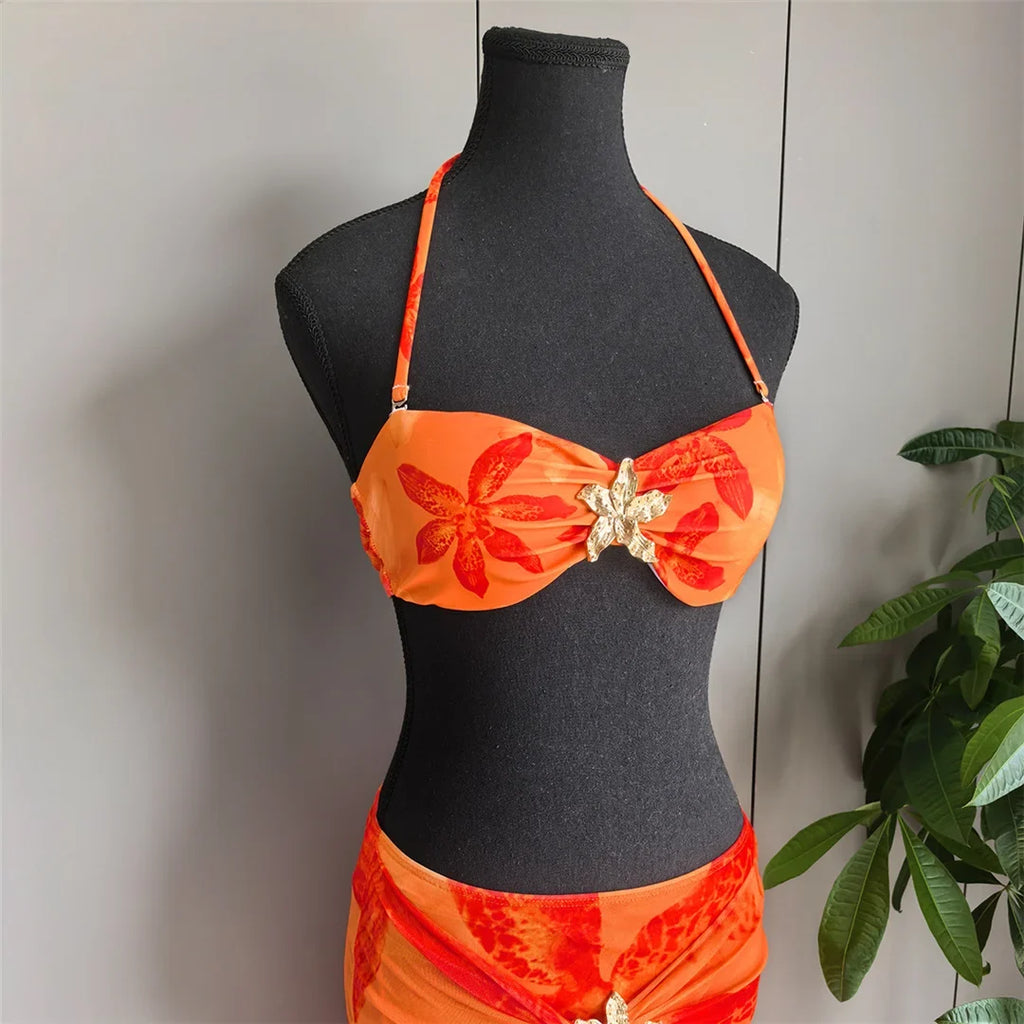 New With Skirt Metal Flower Printed Bikini Female Swimsuit Women Swimwear Three-Pieces Bikini Set Bather Bathing Suit Swim V7285