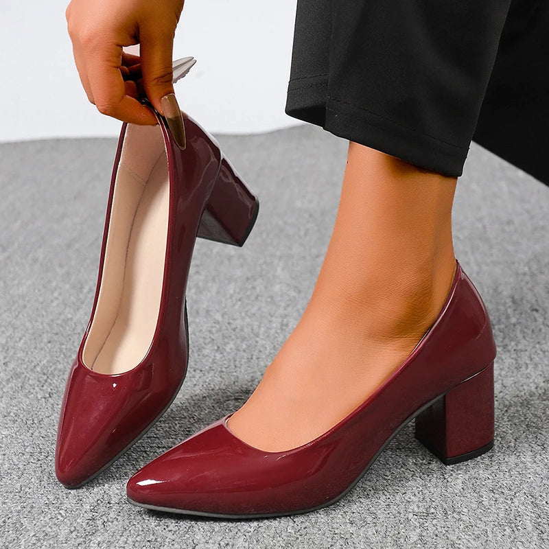 Plus Size 42 Pointed Toe Thick Heels Pumps Women Slip On Pu Leather High Heels Shoes Woman High Heeled Office Party Shoes Ladies