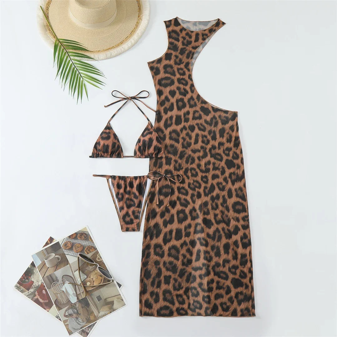 XS - XL Halter Leopard With Cover Up Bikini Women Swimwear Female Swimsuit Three-piece Bikini Set Bather Bathing Suit Swim V5452