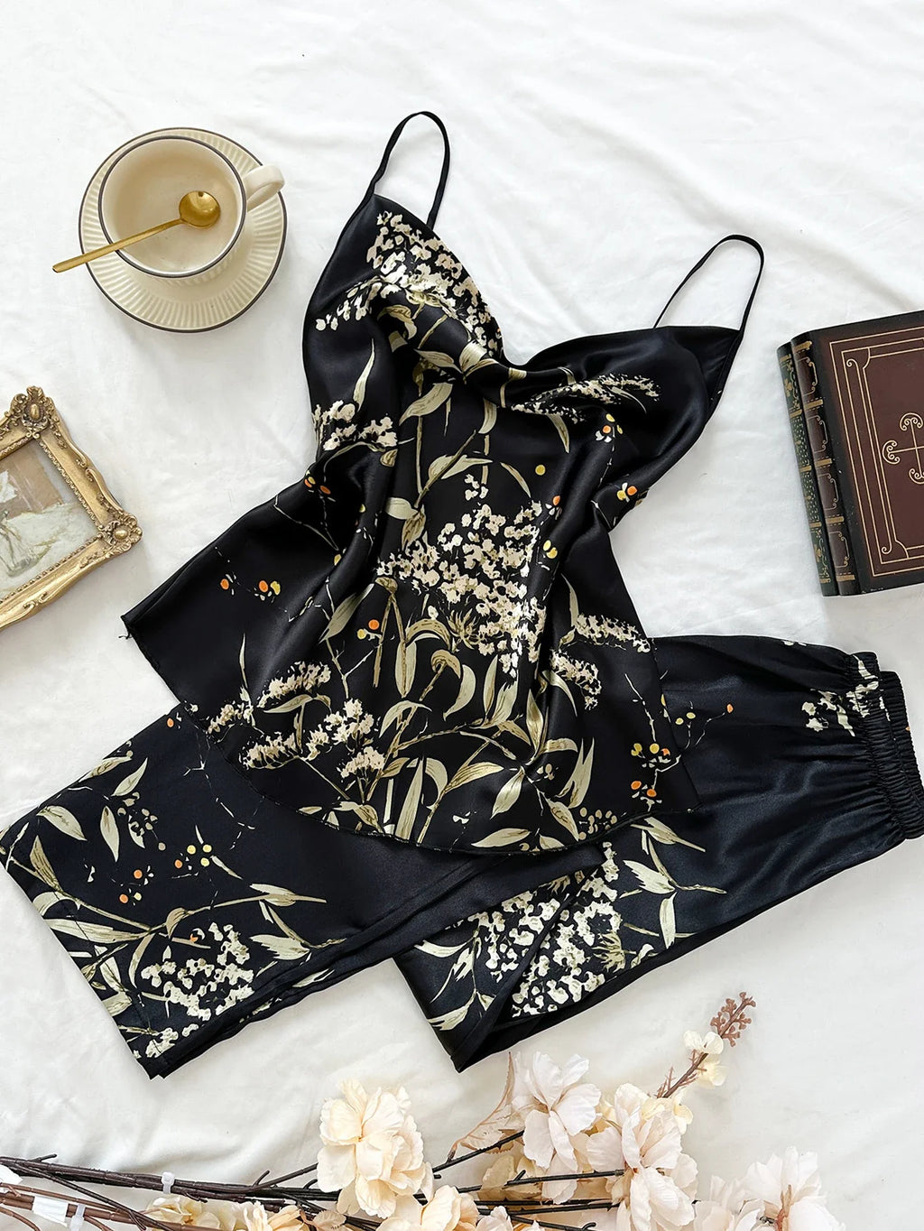 Small Cherry Print Pajamas Set Spring Summer Halter Pants Two Piece Thin Home Wear Women