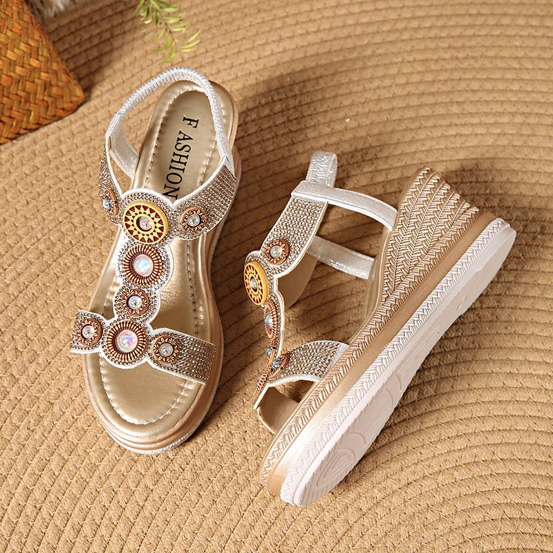 Fashion Crystal Chunky Wedges Sandals Women Elastic Band Slip On Platform Sandles Woman Luxury High Heel Sandalias Plus Size 43