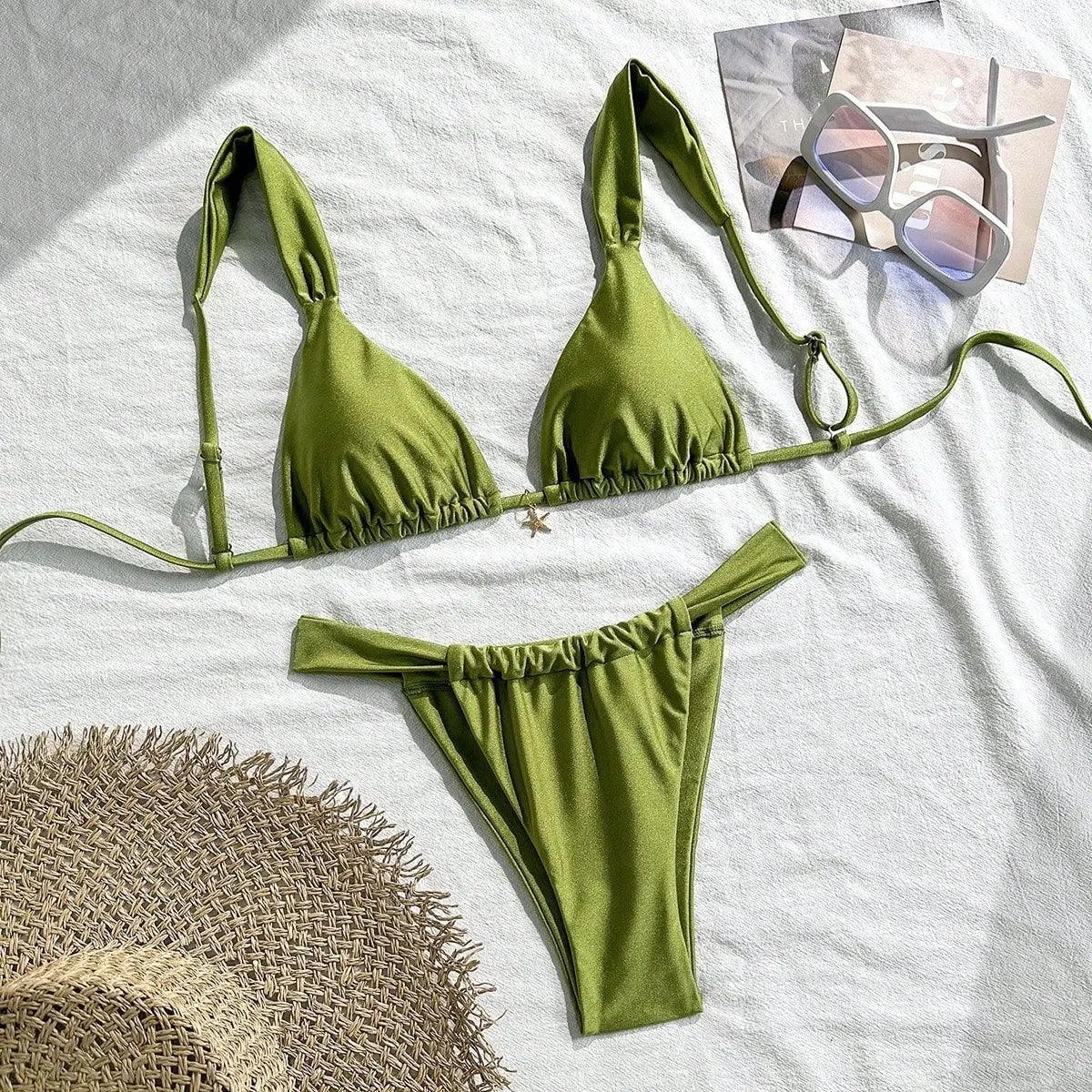 Sexy Starfish Ornament Bikini Set 2026 Women Sky Blue Pleate Push Up Bra Pleate Thong Swimwear Beach Bathing Suit Micro Swimsuit
