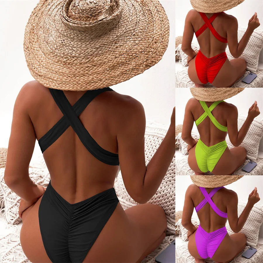 Deep V Neck One Piece Swimsuit Women Solid Red Black Criss Cross Backless Pleate Thong Bikini 2026 Beach Bathing Suit Swimwear