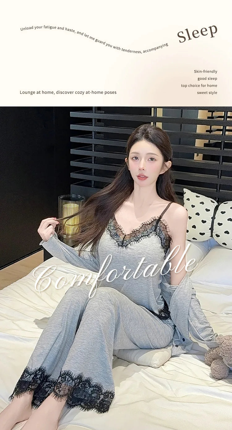 spring and summer modal pajamas women's suspender pajamas three-piece set pure lust style high-end home wear with chest pad set