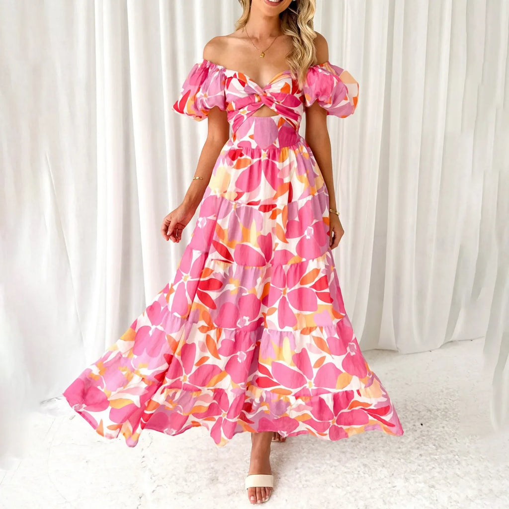 Sexy Dresses For Women Summer Trendy Boho Floral Printed Short Sleeve Vestido Seductive Off Shoulder Knee Length Dress For Woman