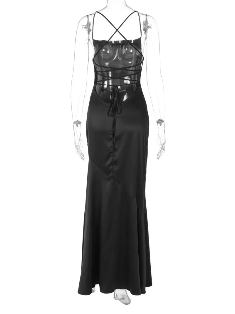 FDYOUI Women's Bandage Long Maxi Satin Dress Black 2026 Sexy Spaghetti Strap Slash Neck Backless Lace-up Party Evening Dresses
