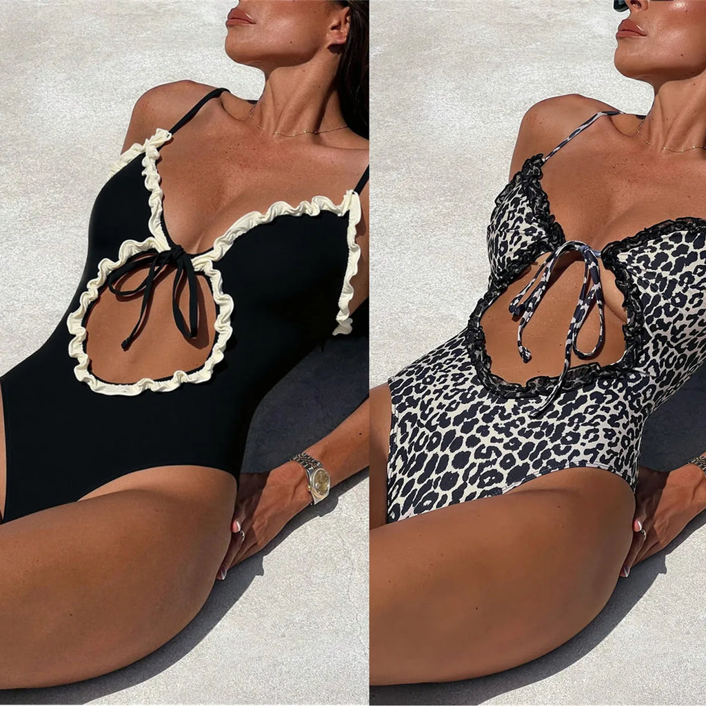 Sexy Black Leoard Print Patchwork One Piece Swimsuit 2026 Women Front Bow Hollow Out Bandage Cross Bathing Suit Holiday Swimwear