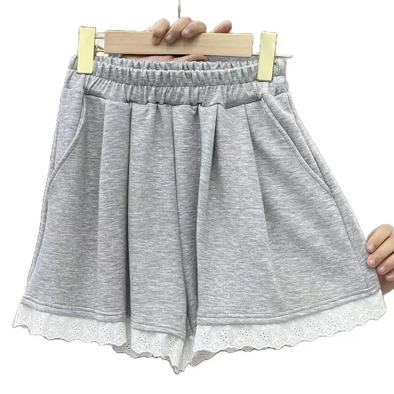 Women's New Losse Pants Grey New Summer Sexy Lace Shorts Fashion Pockets Versatile Casual Streetwear Female Elastic Waist Shorts