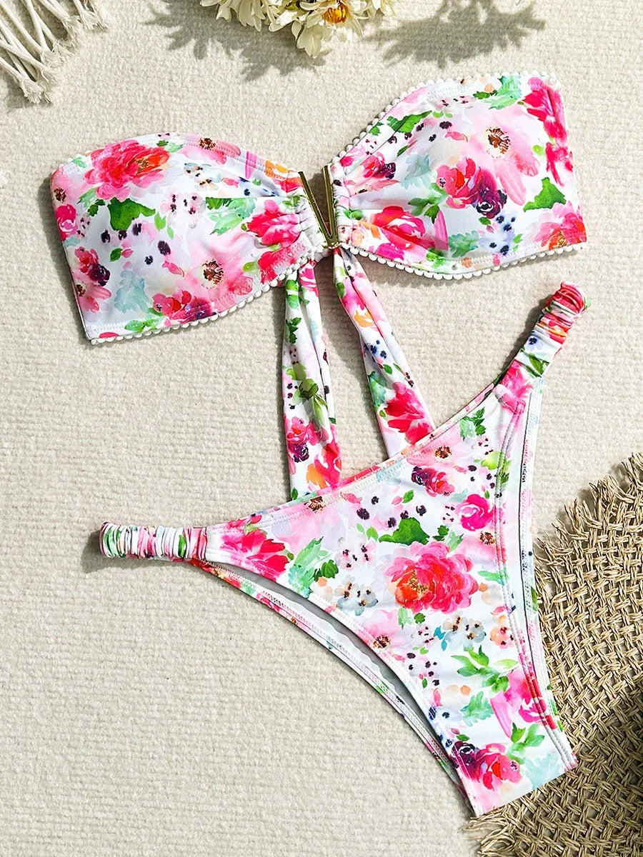 Sexy Flowers Printed V Shaped Bandeau Bikini Women Swimwear Female Swimsuit Two-pieces Bikini set Bather Bathing Suit Swim Lady