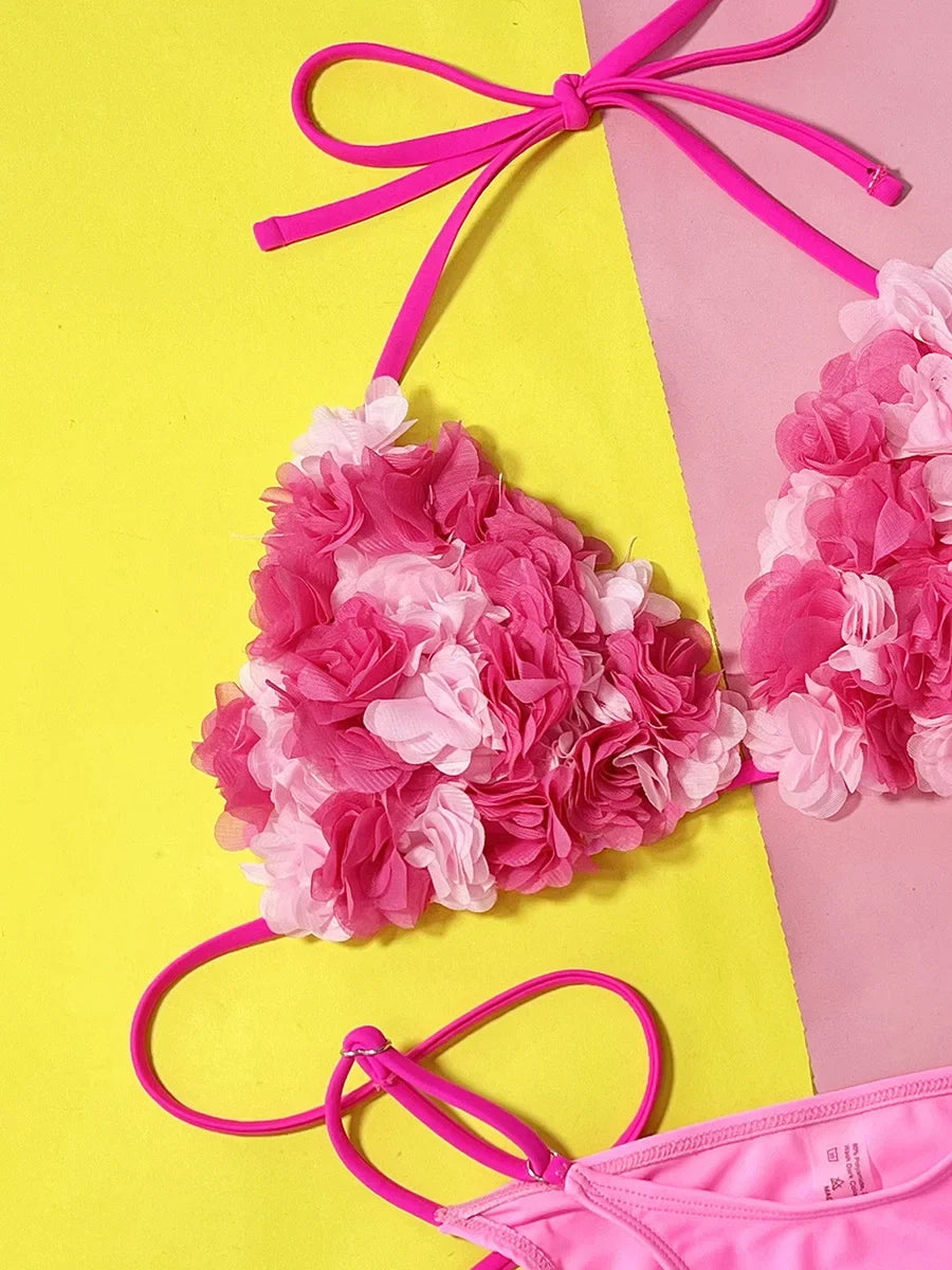 Sexy Halter 3D Flowers Bikini Women Swimwear Female Swimsuit Two-pieces Bikini Set High Cut Bathing Suit Swim Lady Beach Wear