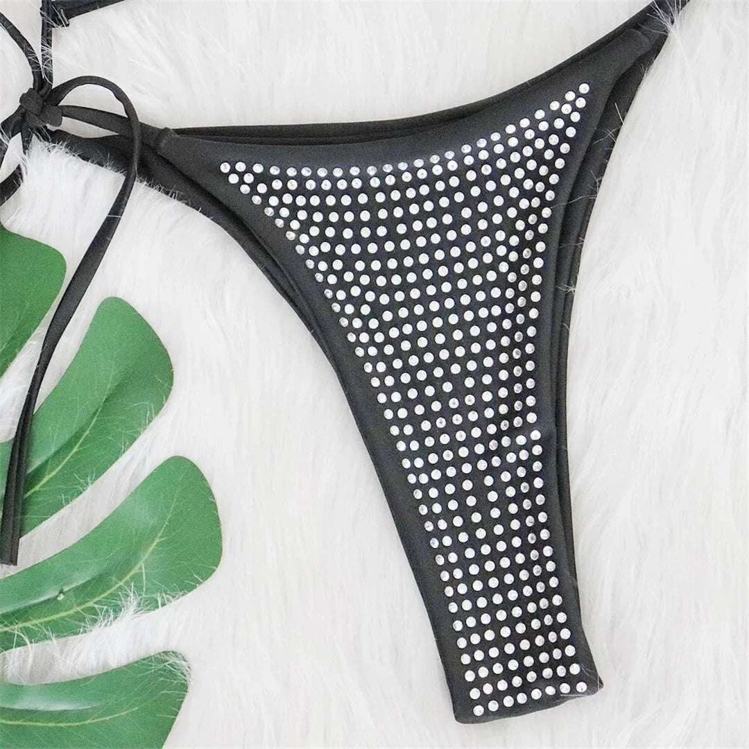 Shiny Rhinestones Wrap Around Halter Bikini Women Swimwear Female Swimsuit Two-Pieces Bikini Set Bather Bathing Suit Swim V4906