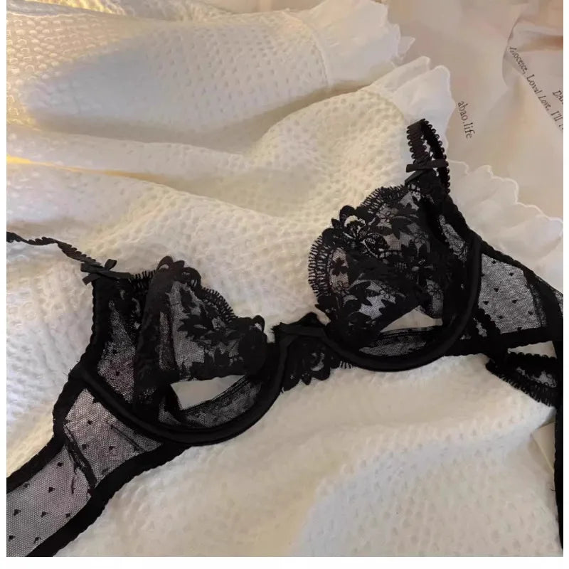 French Lace Bra & Panty Set w/Steel Rings Ultra-Thin Push-Up Bralette Small Bust Sheer White Sexy Lingerie Pure Seductive Style