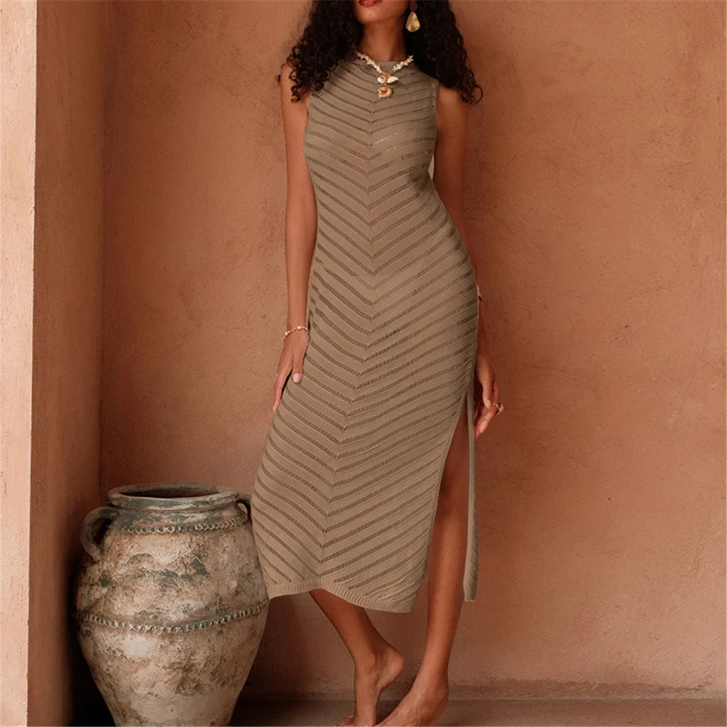 Hollow Out Sleeveless Crochet Knitted Tunic Beach Cover Up Cover-ups Mini Beach Dress Beach Wear Beachwear Female Women V6745