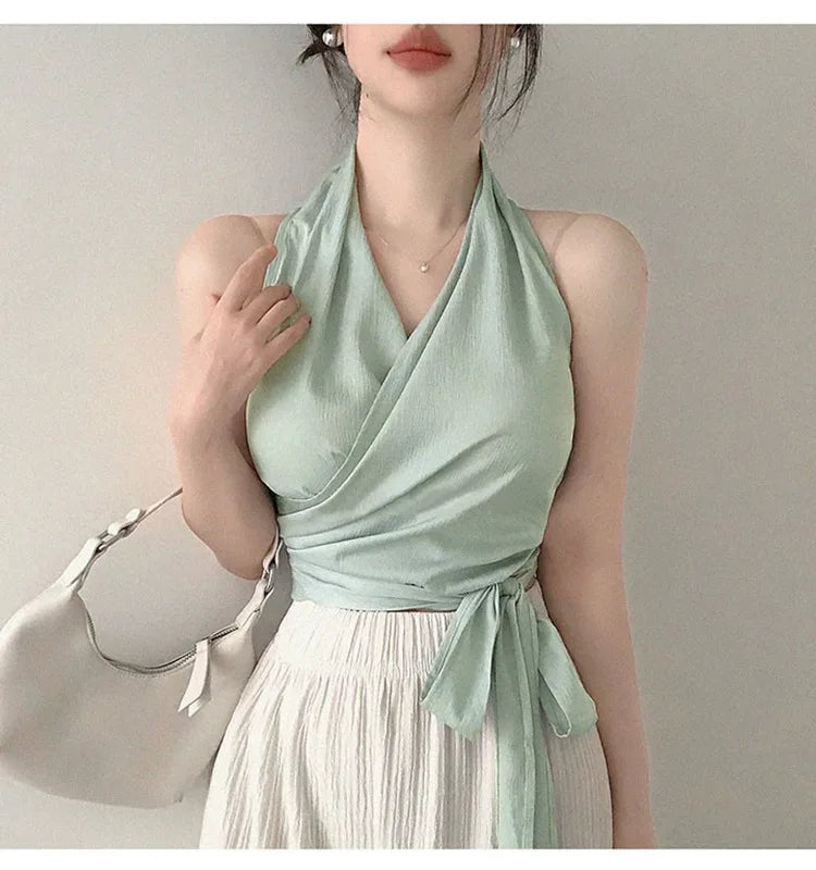 Women Blouses Slim Fit V-neck Lace Up Open Stitch Versatile Sleeveless Top For Female Chiffon Tops Summer Fashion PPAY