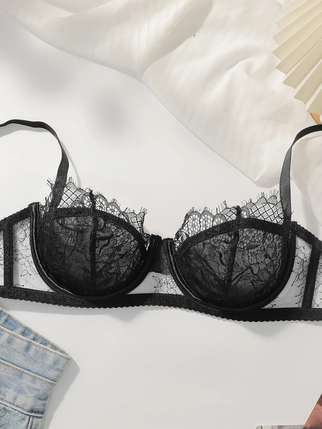 2-piece black lace ultra-thin transparent lingerie set sexy solid color set women's bra party thong underwear MR3406