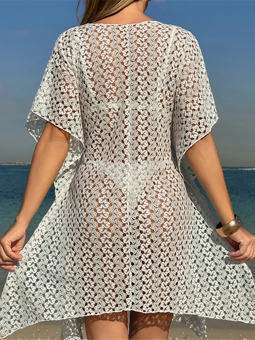 2025 V Neck Short Sleeve Hollow Out Knitted Tunic Beach Cover Up Cover-ups Beach Dress Beach Wear Beachwear Female Women K6535