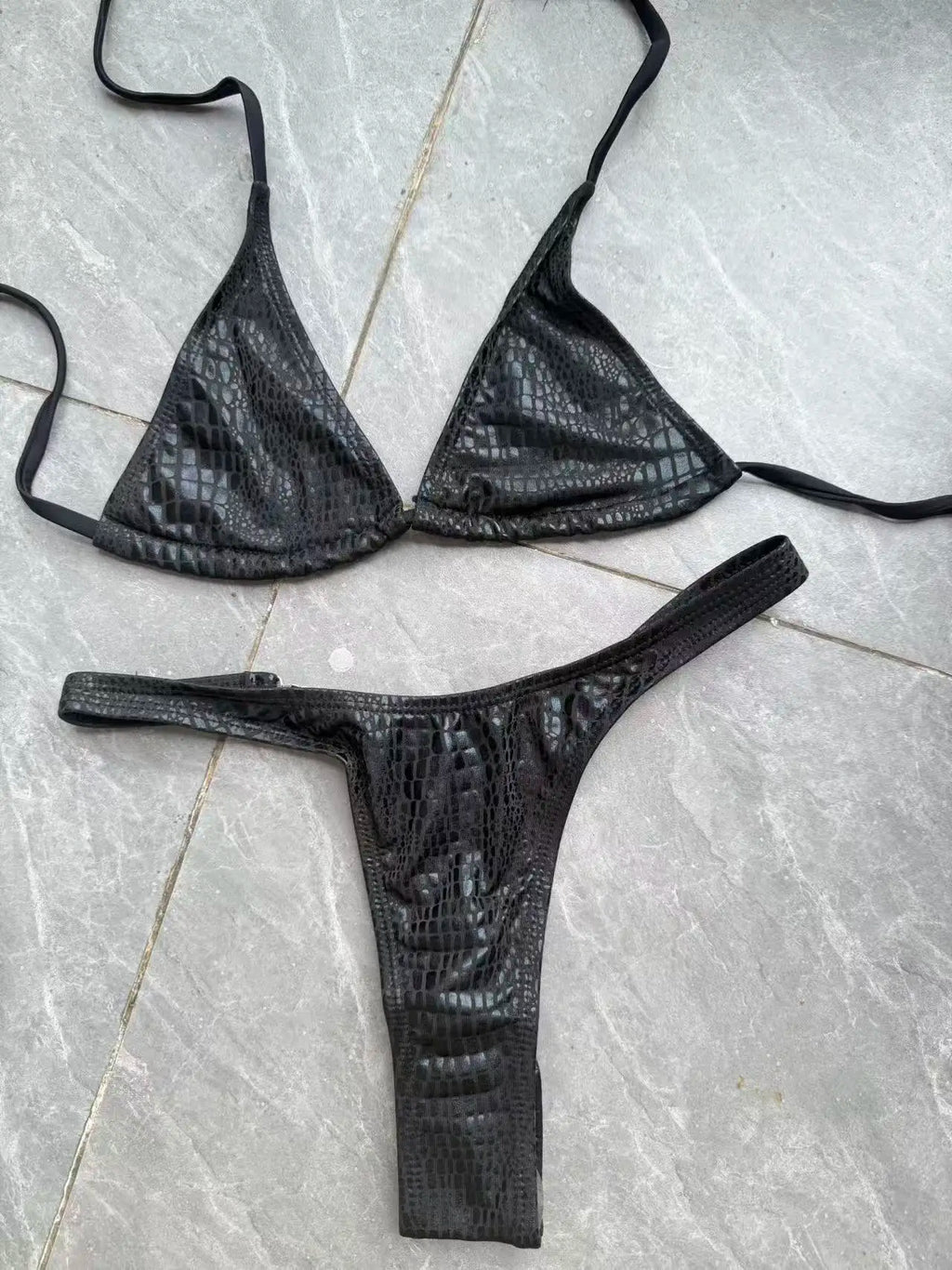 DEKA Luxury Diamond Back Thong Bikini Shiny Black Snakeskin Print Bikini Set Swimwear Women Swimsuit Beach Push Up Bathing Suit