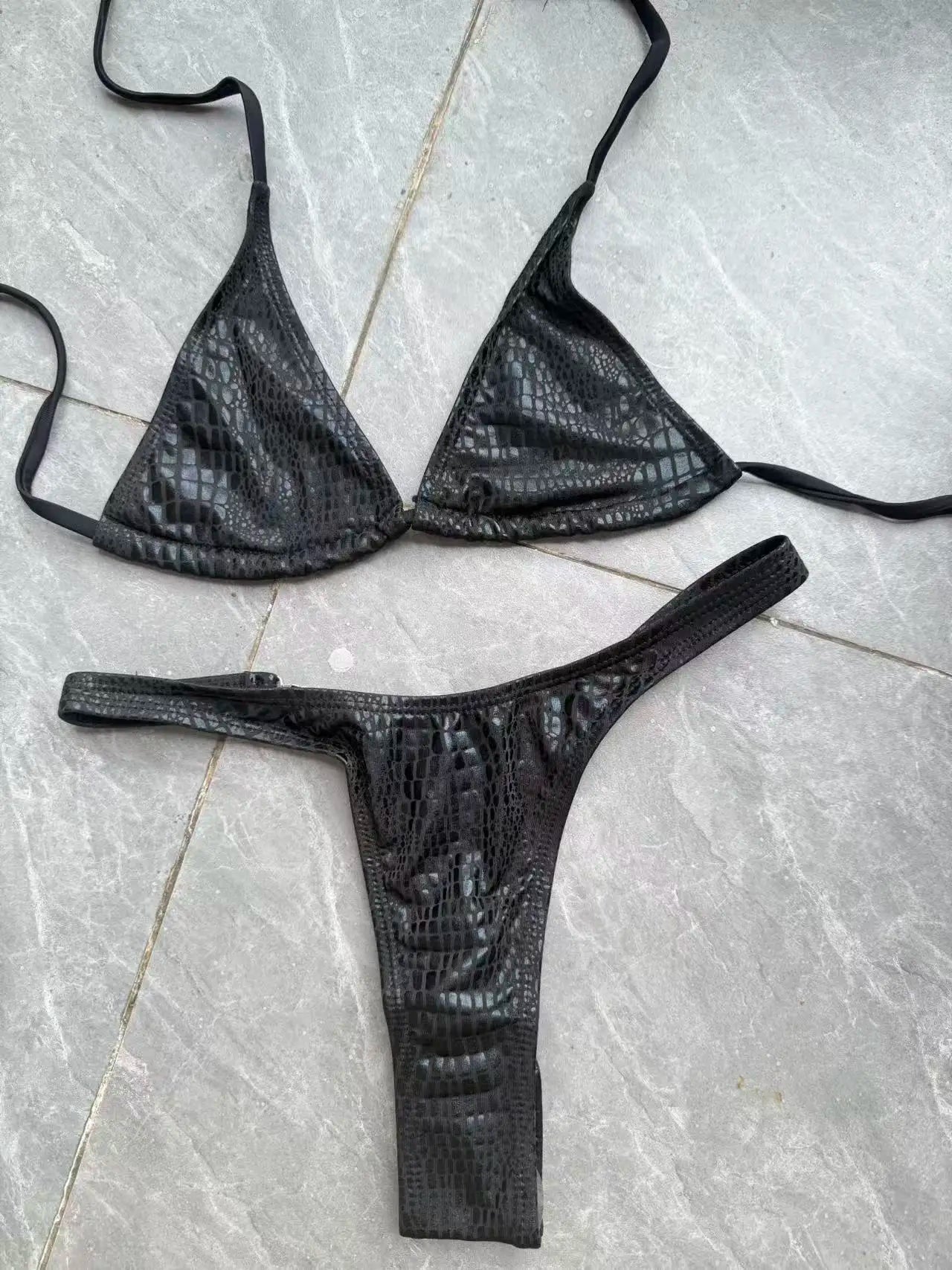 DEKA Luxury Diamond Back Thong Bikini Shiny Black Snakeskin Print Bikini Set Swimwear Women Swimsuit Beach Push Up Bathing Suit