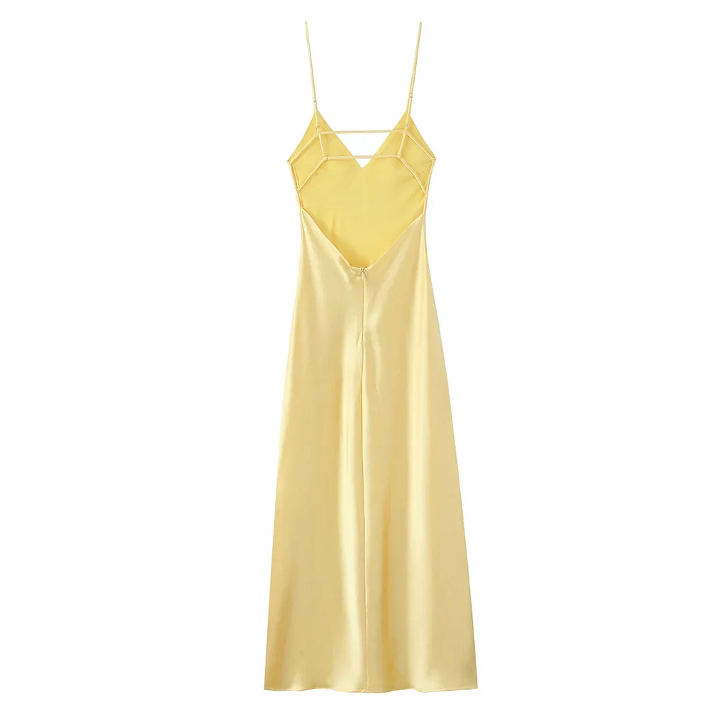 Foridol V Neck Backless Satin Long Dress Women Sexy Beach New in Maxi Summer Dress Spaghetti Strap Yellow Party Vestidos 2025