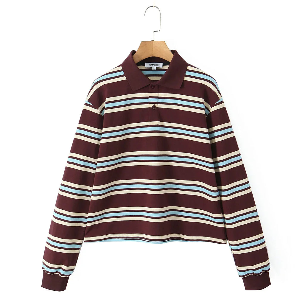 Foridol Burgundy Striped Casual Women T-shirt Summer Loose Polo Shirts Buttons New Female Tops Blouse White Tops Spring Shirt