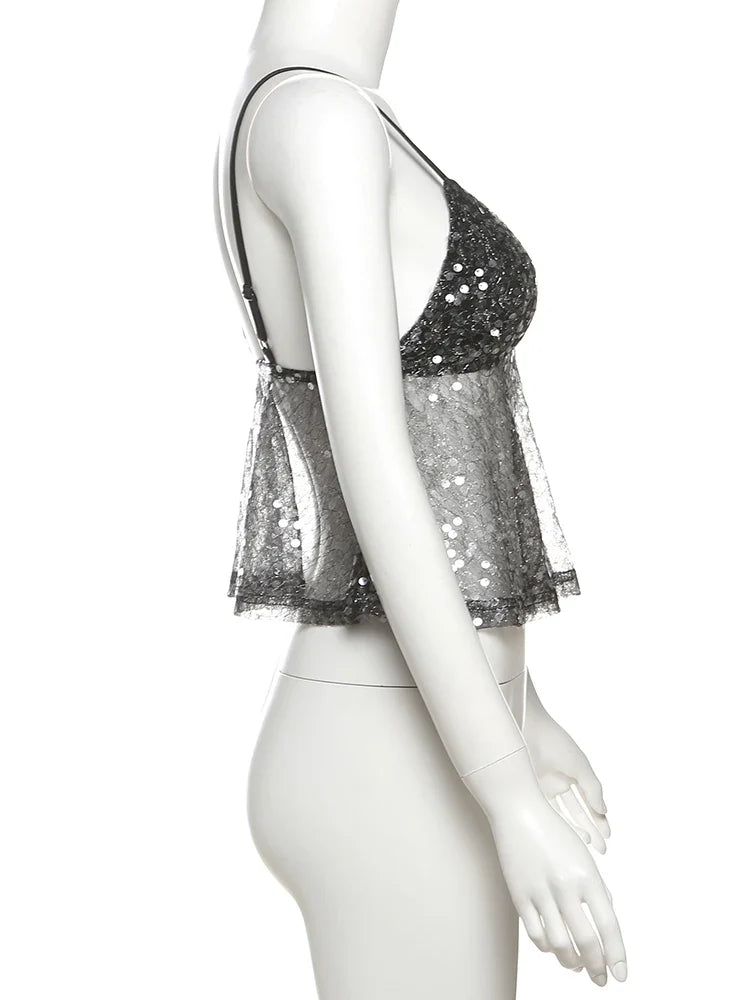 kliou Mesh Sequins Women Tops Summer Thin Shiny V-neck Backless Ruffle Trim Crop Camis Female Popular Hipster Sexy Streetwear