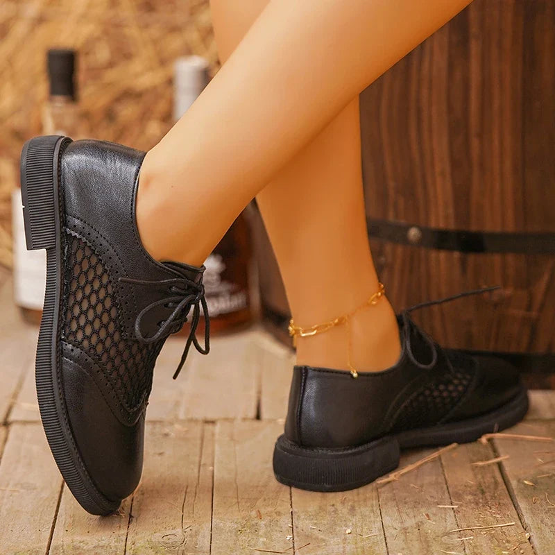 Fashion Woven Low Heel Pu Leather Shoes Women British Style Round Toe Lace Up Oxford Shoes Woman Plus Size 42 Breathable Flats