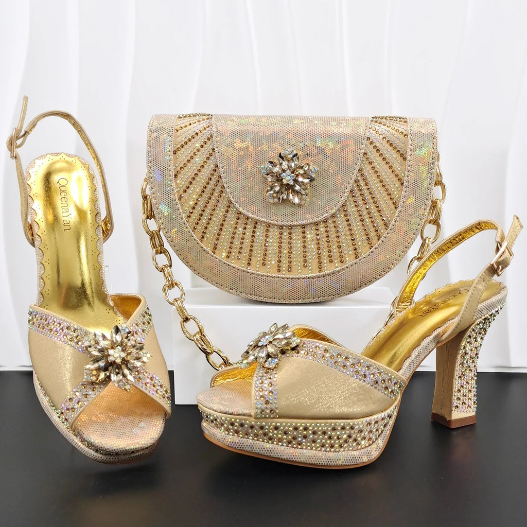 Doershow Italian COFFEE Shoes And Bag Sets For Evening Party With Stones Italian Leather Handbags Match Bags! HM1-1