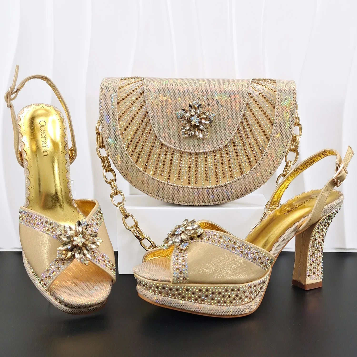 Doershow Italian COFFEE Shoes And Bag Sets For Evening Party With Stones Italian Leather Handbags Match Bags! HM1-1