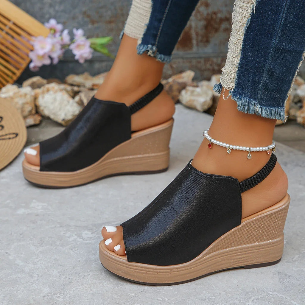 2025 New Gold Wegdes Sandals Women Summer Plus Size Chunky Platform Sandles Woman Elastic Back Strap High Heel Sandalias Mujer