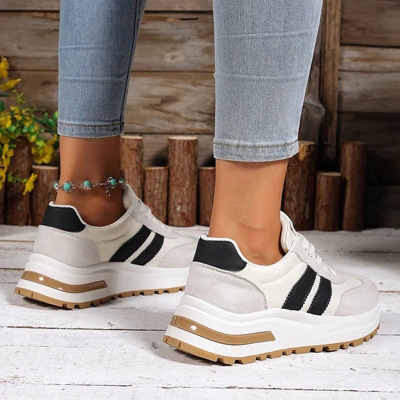 Fashion Stripe Thick Bottom Sneakers Women 2026 Autumn Platform Lace Up Sport Shoes Woman Anti Slip Thick Sole Running Shoes