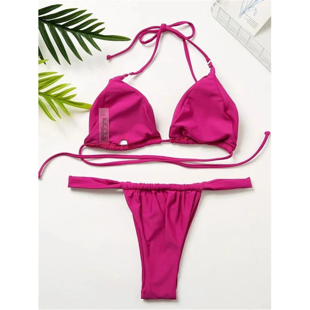 Wrinkled High Cut Mini Micro Thong Bikini Women Swimwear Female Swimsuit Two-pieces Bikini Set Halter Bather Bathing Suit Swim