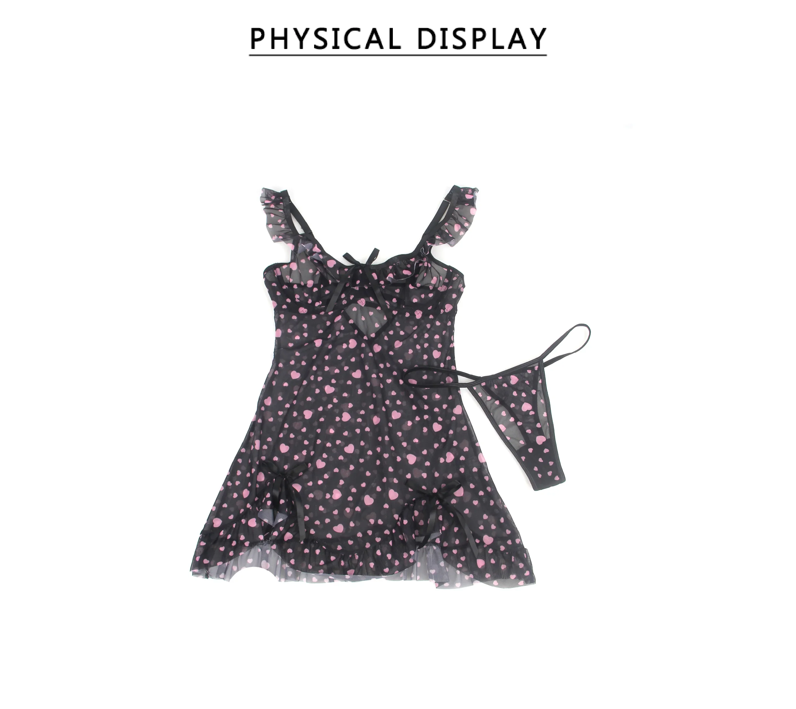 Pink Heart Print Mesh Nightdress for Women Lace Trim See Through Push Up Underwire Chemise with Panties Plus Size M-3XL