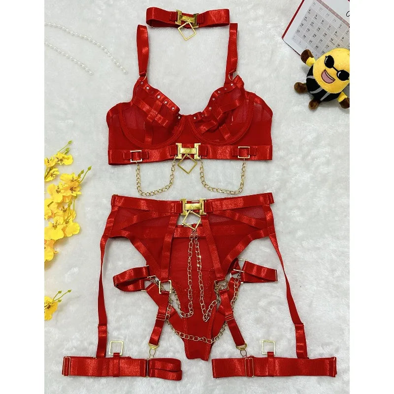 Toucheart Erotic Underwear Mesh See-through Patchwork Metal Chain Hot Girls Sexy Seductive Coquette Nightclub Party Dance Suit