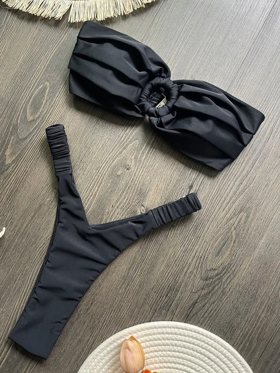 Wrinkled Bandeau High Cut Mini Thong Bikini Female Swimsuit Women Swimwear Two-pieces Bikini Set Bather Bathing Suit Swim Lady