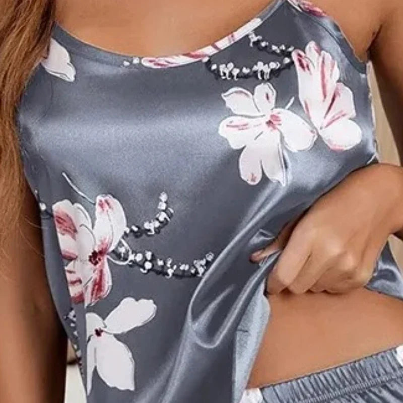 Women's Sleepwear Satin Pajama Set Summer Flower Print Pyjama Sexy Lingerie Women Sleeveless Nightwear Loungewear Home Clothing