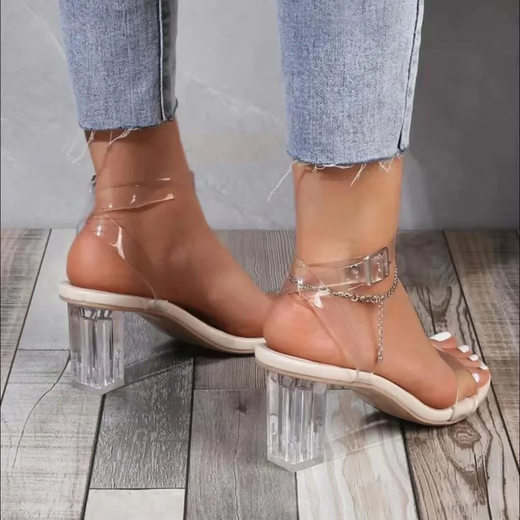 Women PVC Jelly Crystal Chunky Heel Transparent Sandals Fashion Sexy Summer High Heels Sandalias Female Pumps Zapatillas Mujer