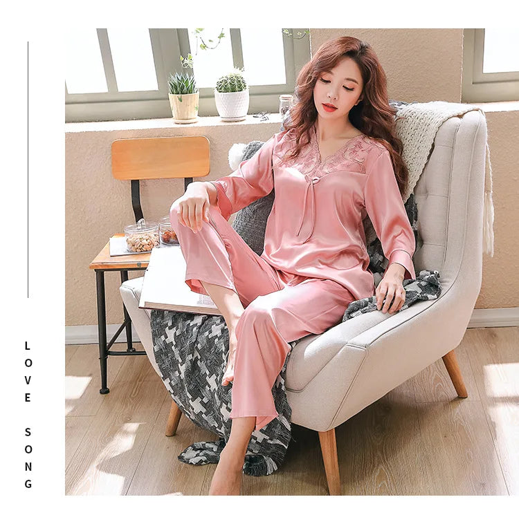 Spring and summer silk women's pajamas long-sleeved autumn and winter new imitation silk women's home clothes