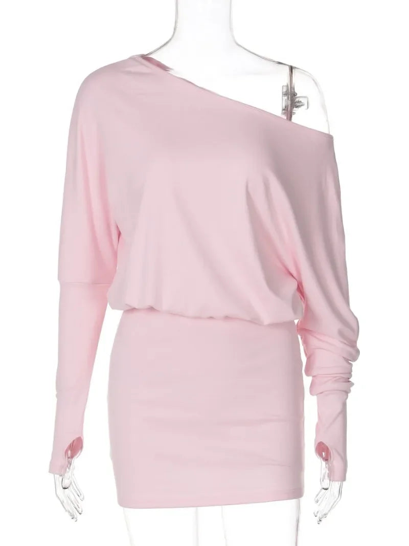 Woman Clothes Diagonal Collar Long Sleeve Package Hip Short Dress Streetwear Black Pink High Waist Tunics Slim Party Dresses