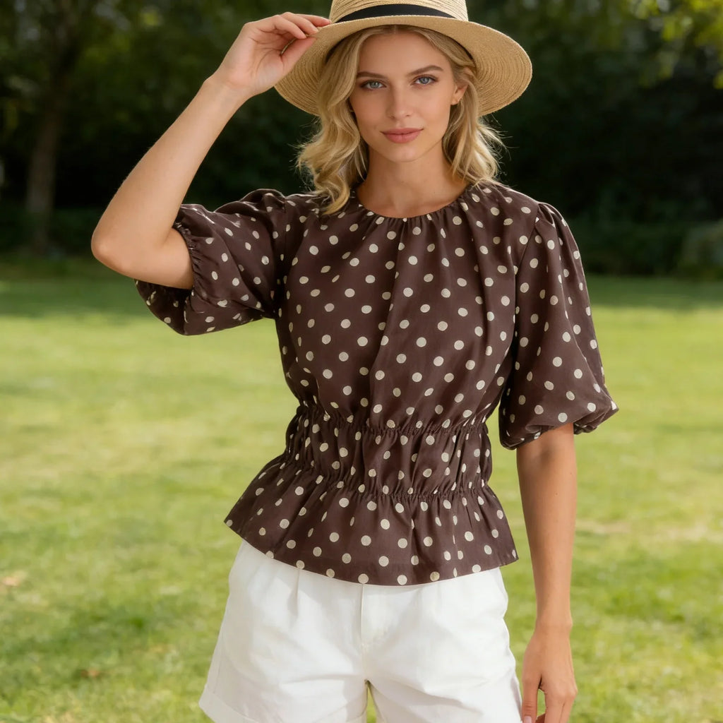 Women's Summer Puff Sleeve Tops Fashionable Dot Print Round Neck Cinched Waist T-shirts for Casual Daily Wear