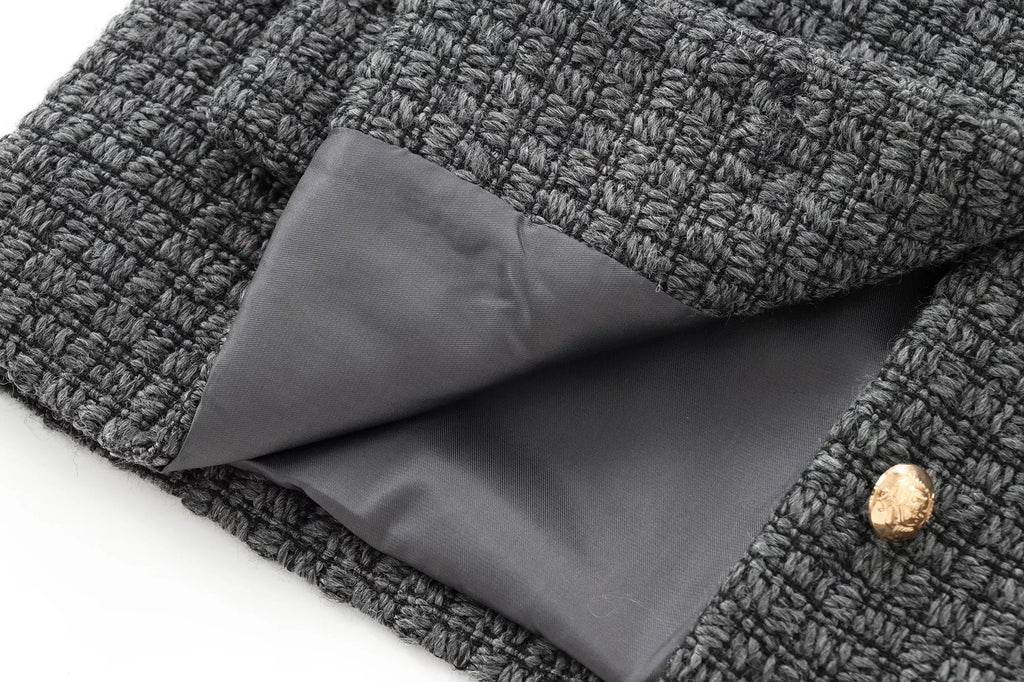 Foridol Tweed Knitted Dark Grey Blazer Coat Women Autumn Winter Gingham Short Coat Office Lady Vintage Buttons Veste