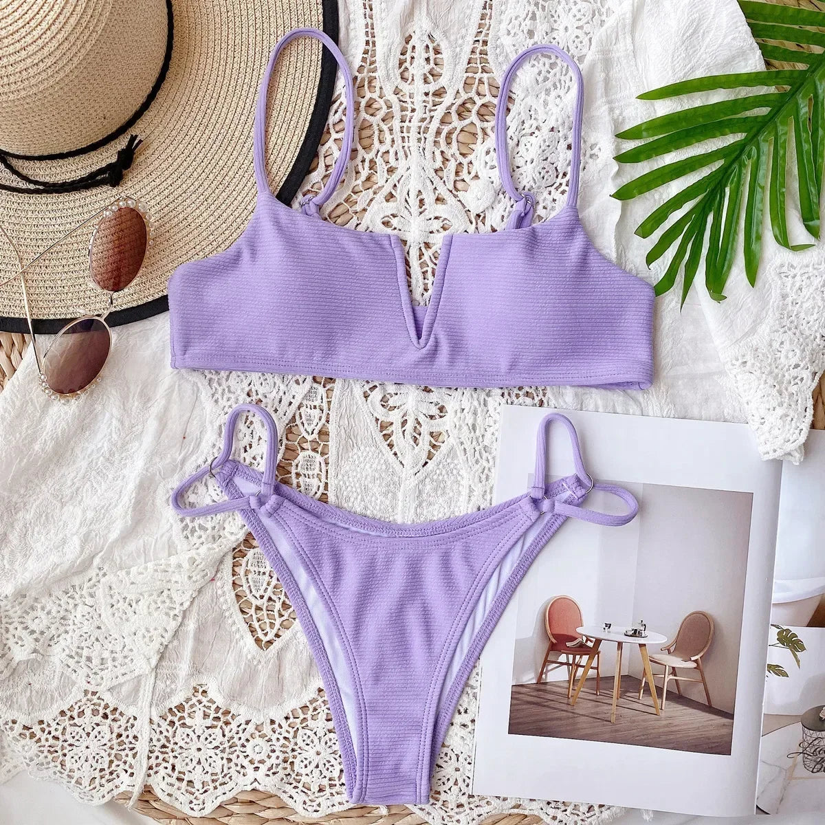 Sexy Bikini Women Small V-neck Pit Striped Double Straps Light Purple Swimwear Swimsuit Bikinis Set Bathing Suit Female Biquinis