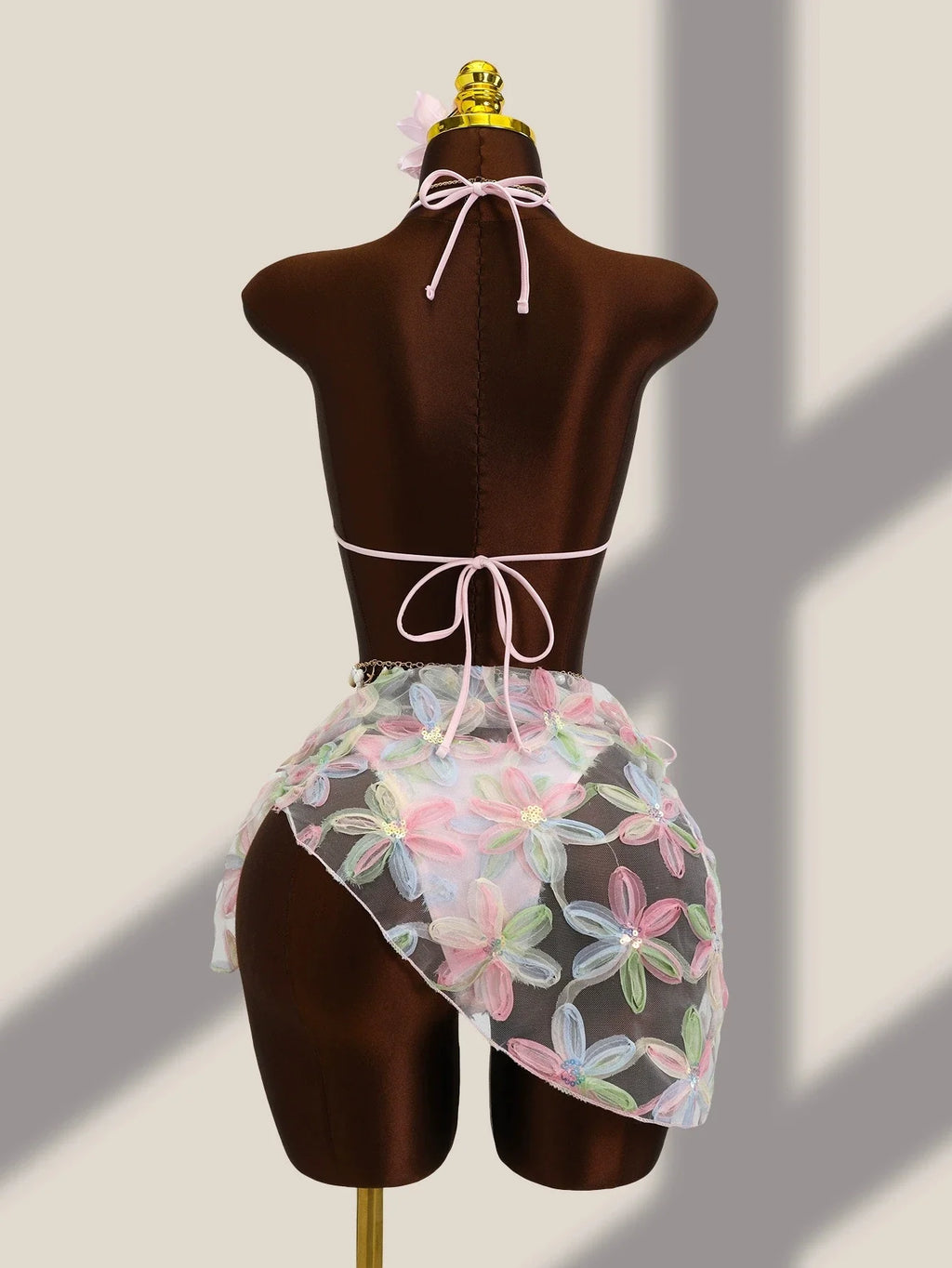 DEKA 3 Piece Brazil Triangle Bikini Set Vintage Pink Floral Embroidery Cover Up Women Halter Push Up Thong Swimsuit Bathing Suit