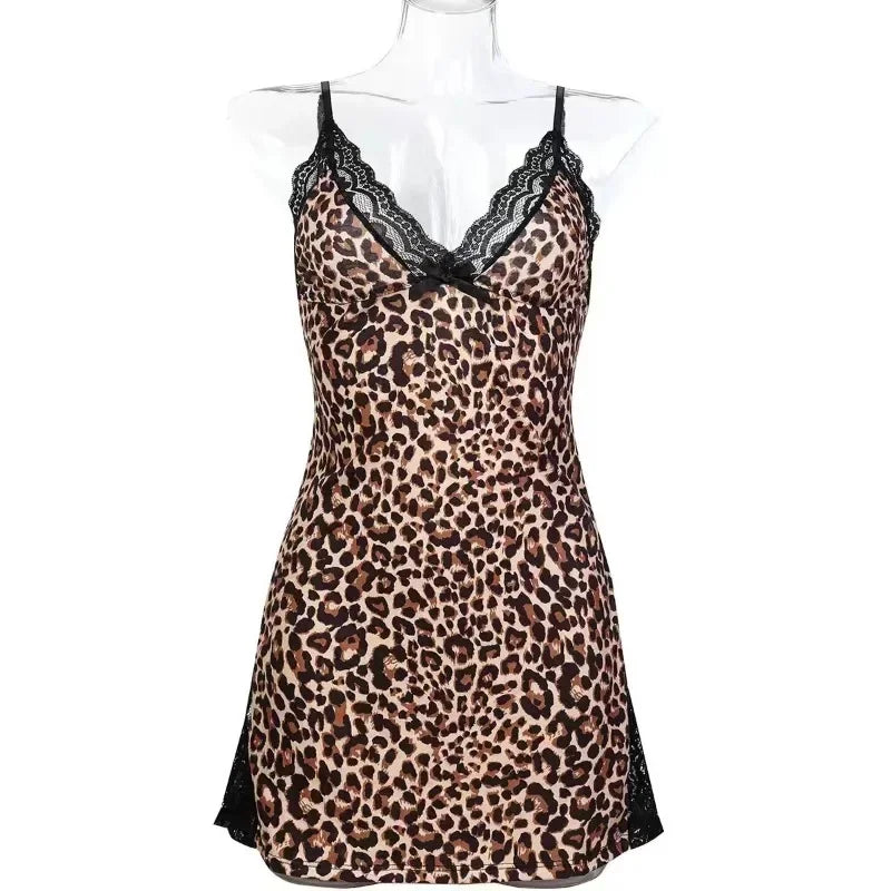 Summer Leopard Printed Nightgowns Women's Sexy Sleepwear Nightshirts Underwear Pajamas V-neck Lace Slim Mini Dress Nighties