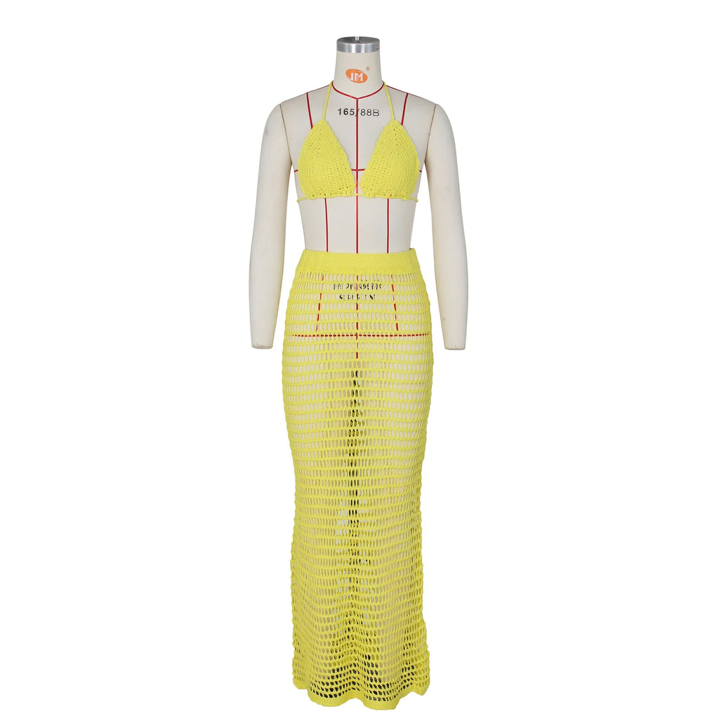 DEKA Beach Cover Up High Split Crochet Knitted Tunic Beach Dress Beach Wear Beachwear Women Long Knit Hollow Tassels Skirt Suit