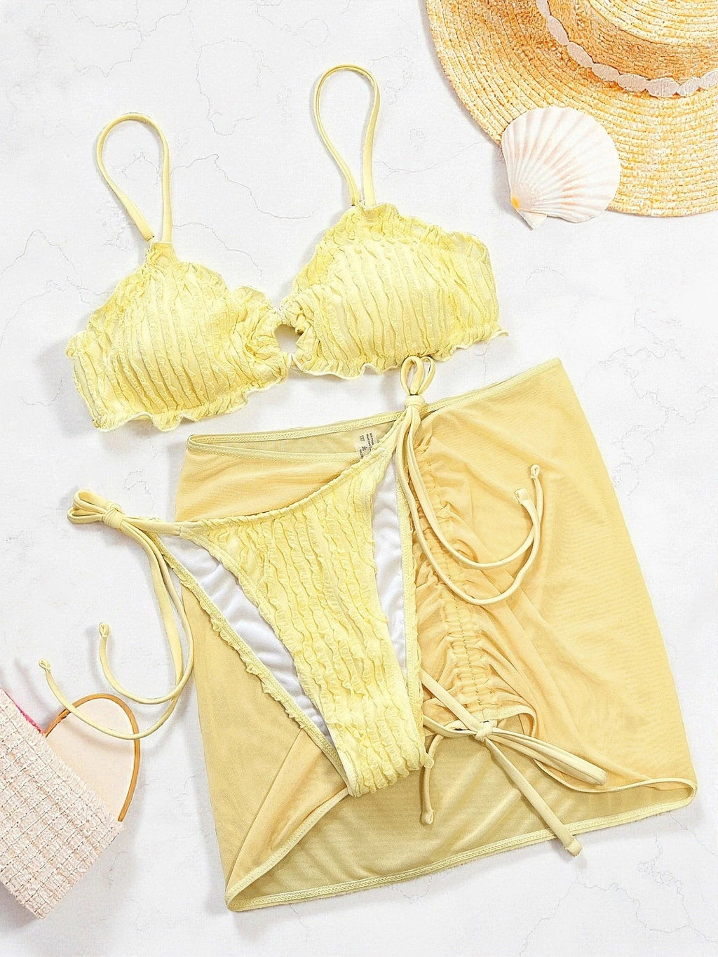 DEKA Mesh Skirt 3 Piece Bikini Set  Solid Ring 2026 Women Yellow Push Up Triangle Swimsuit Summer Bathing Suit Holiday Linked Cr