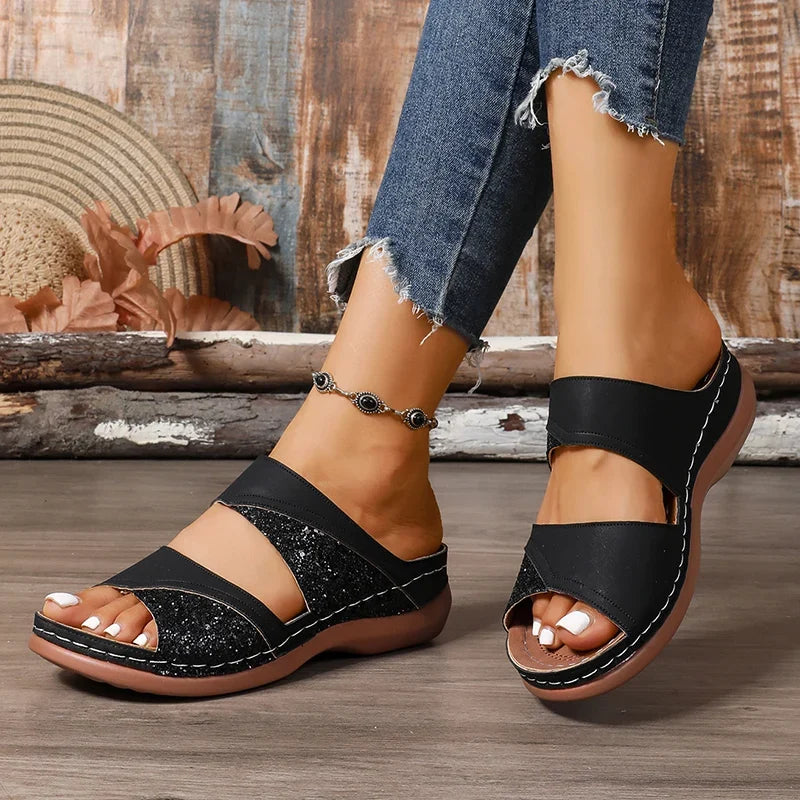 Golden Glitter Platform Sandals for Women Summer Lightweight Wedge Heel Sandles Woman Plus Size 43 Thick Sole Sandalias Mujer